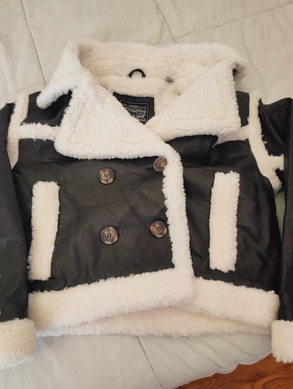 Levi's Black Faux Leather Sherpa Trim Peacoat